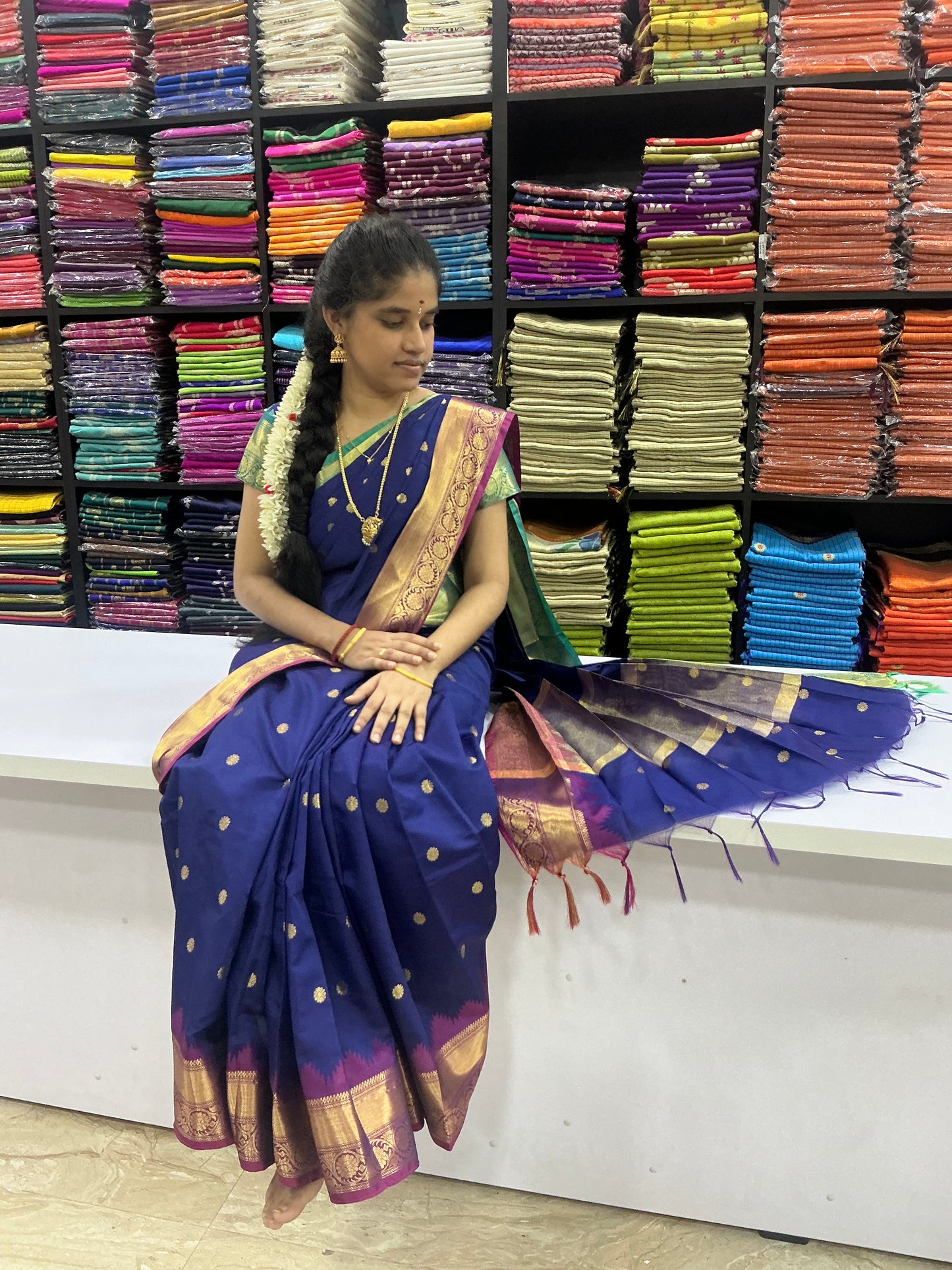 Premium Kanchi Soft Silk Saree – Indigo Blue with Copper Gold Zari Border | Festive Silk Saree | Sri Nandhini Tex | SNTPSN01