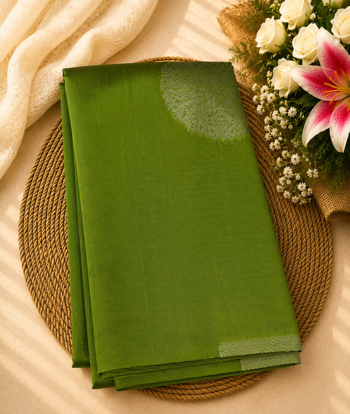 Semi Soft Silk Offer Saree | Leaf Green | Rich Silver Border Design | Sri Nandhini Tex | Code: SNTAOS06