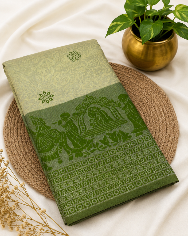 Premium Pallaku Silk Saree – ivory  with Olive Green Contrast | Festive Silk Saree | Sri Nandhini Tex | SNTS004