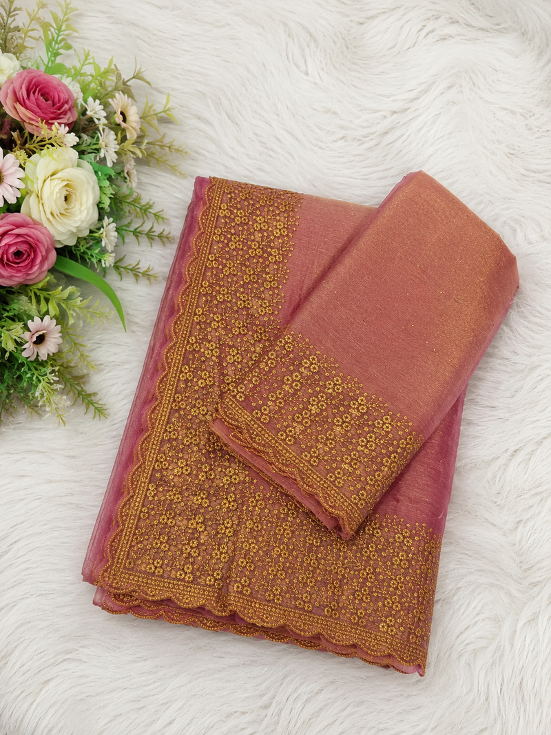 Luxury Party Wear Dusty Rose Saree | Rich Gold Embroidered Design | Sri Nandhini Tex | Code: SNTSS818