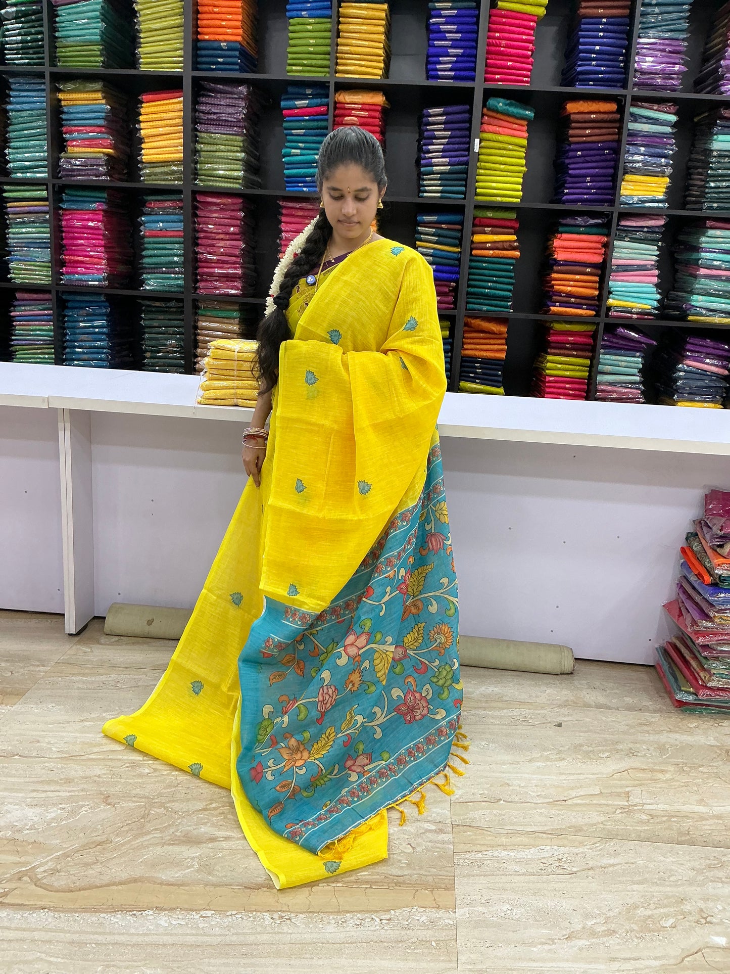 Premium Linen Cotton Saree | Lemon Yellow with Sky Blue Kalamkari Pallu | Soft Lightweight Traditional Wear | Sri Nandhini Tex | Code: SNTLC001