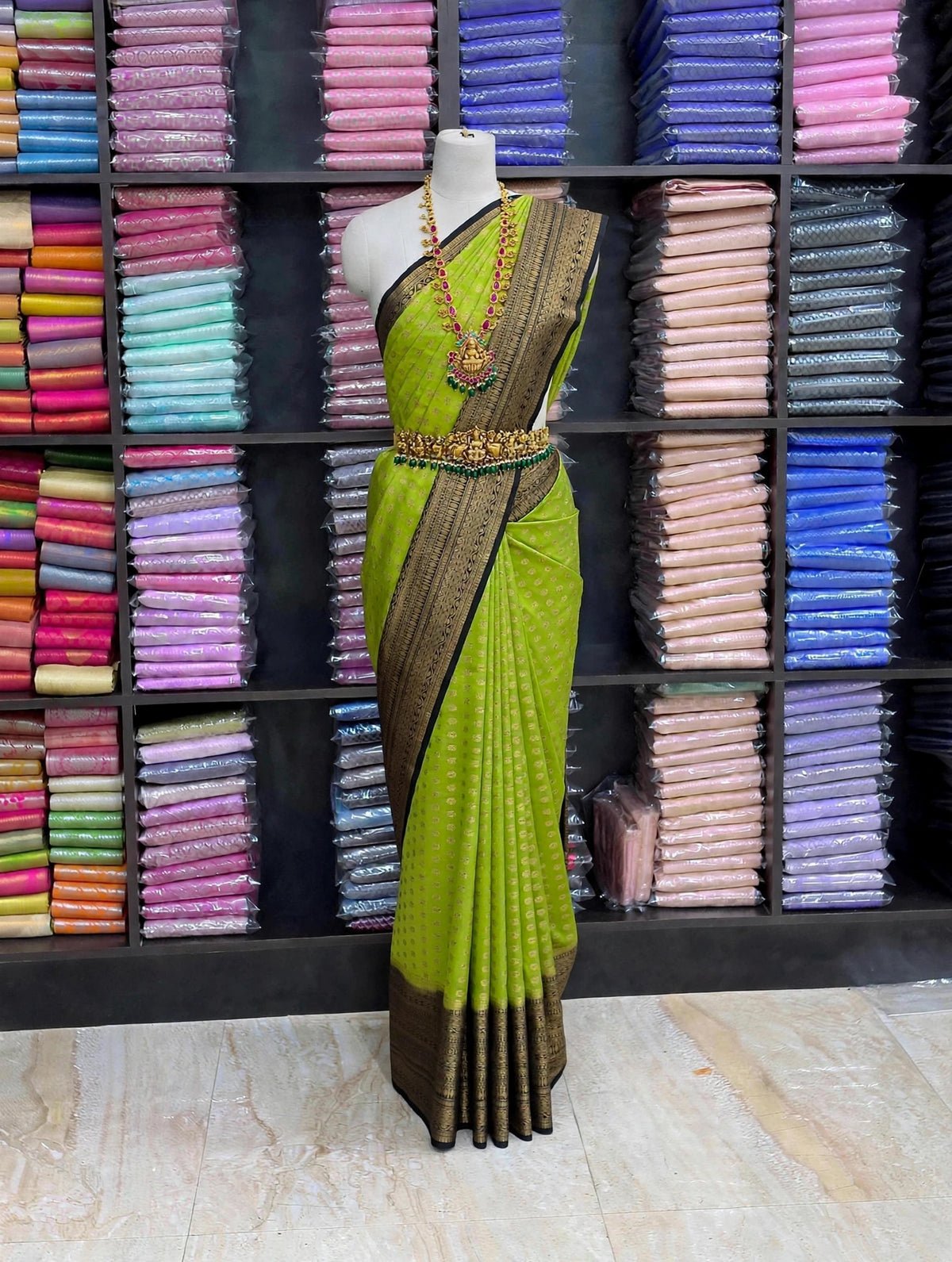 Premium Silk Saree – Parrot Green with Black & Antique Gold Zari Border | Traditional Wedding & Bridal Silk Saree | Sri Nandhini Tex Code : SNTPS101