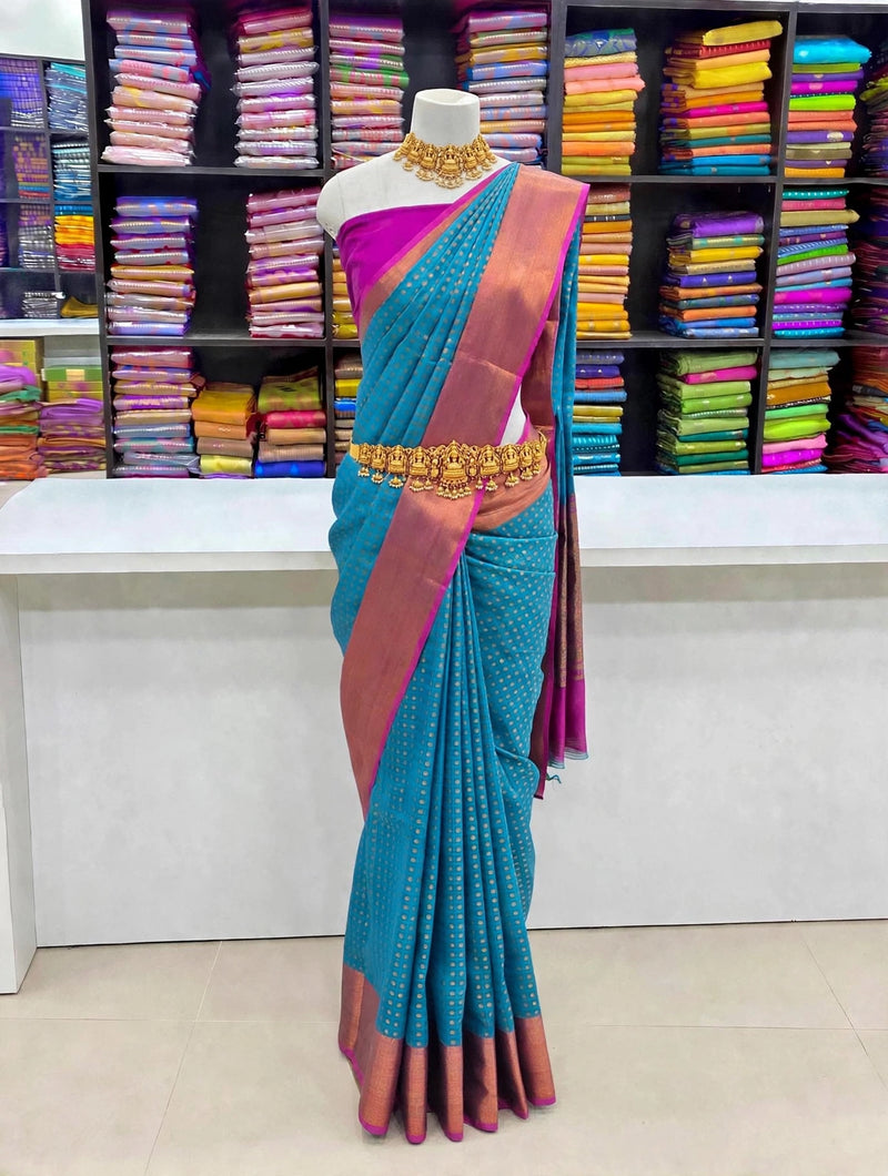 Premium Thousand Buttas Saree – Teal Blue with Royal Plum Contrast | Festive Elegance Saree | Sri Nandhini Tex | SNTB001