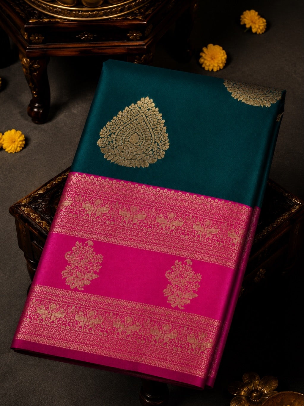 Premium Semi Kanchi Soft Silk Saree – Peacock Blue with Orchid Pink Border | Sri Nandhini Tex | SNTKS16