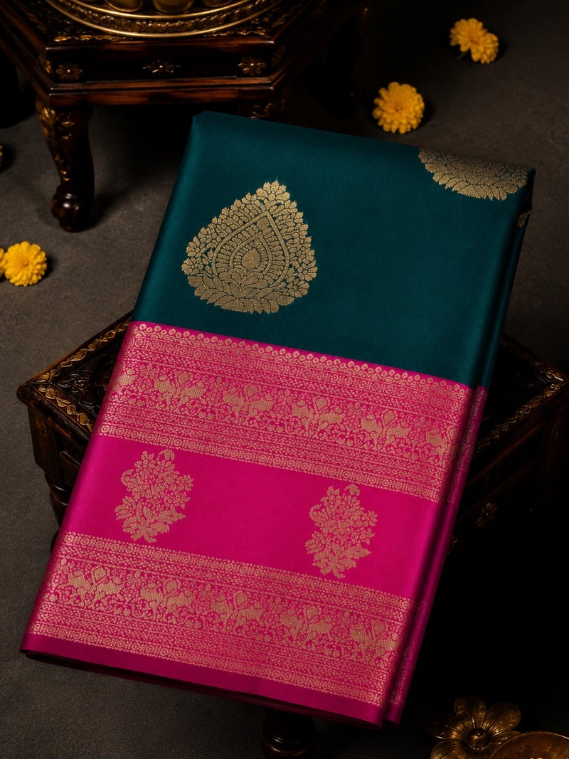 Premium Semi Kanchi Soft Silk Saree – Peacock Blue with Orchid Pink Border | Sri Nandhini Tex | SNTKS16