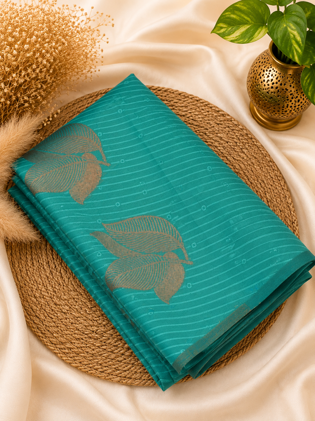 Semi Soft Silk Saree | Elegant Leaf Motif Weave | Aqua Blue | Sri Nandhini Tex | Code: SNTPAOS84
