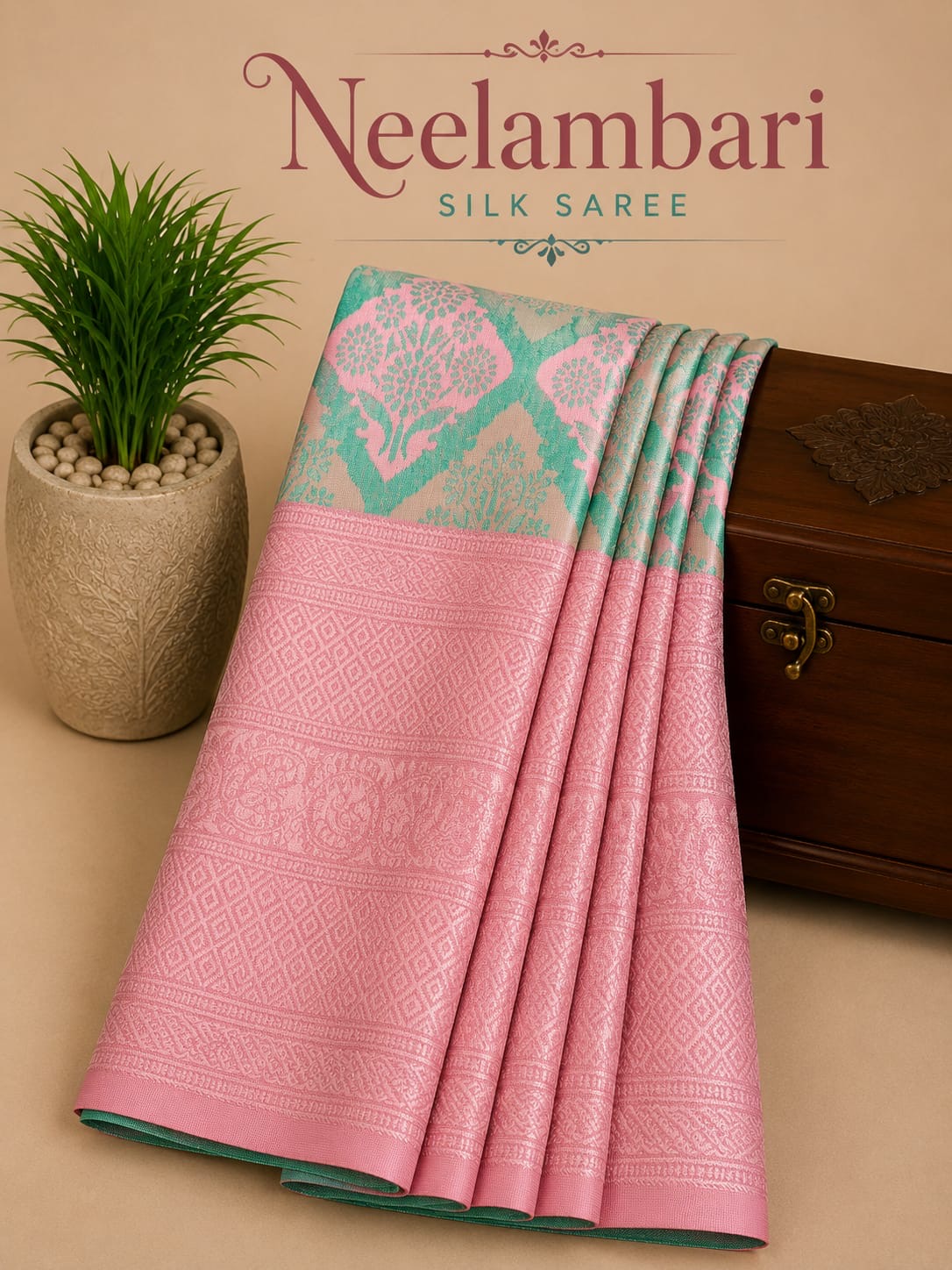 Premium Neelambari Silk Saree – Candy Pink with Mint Green Designer Weaving | Sri Nandhini Tex | SNTNS006