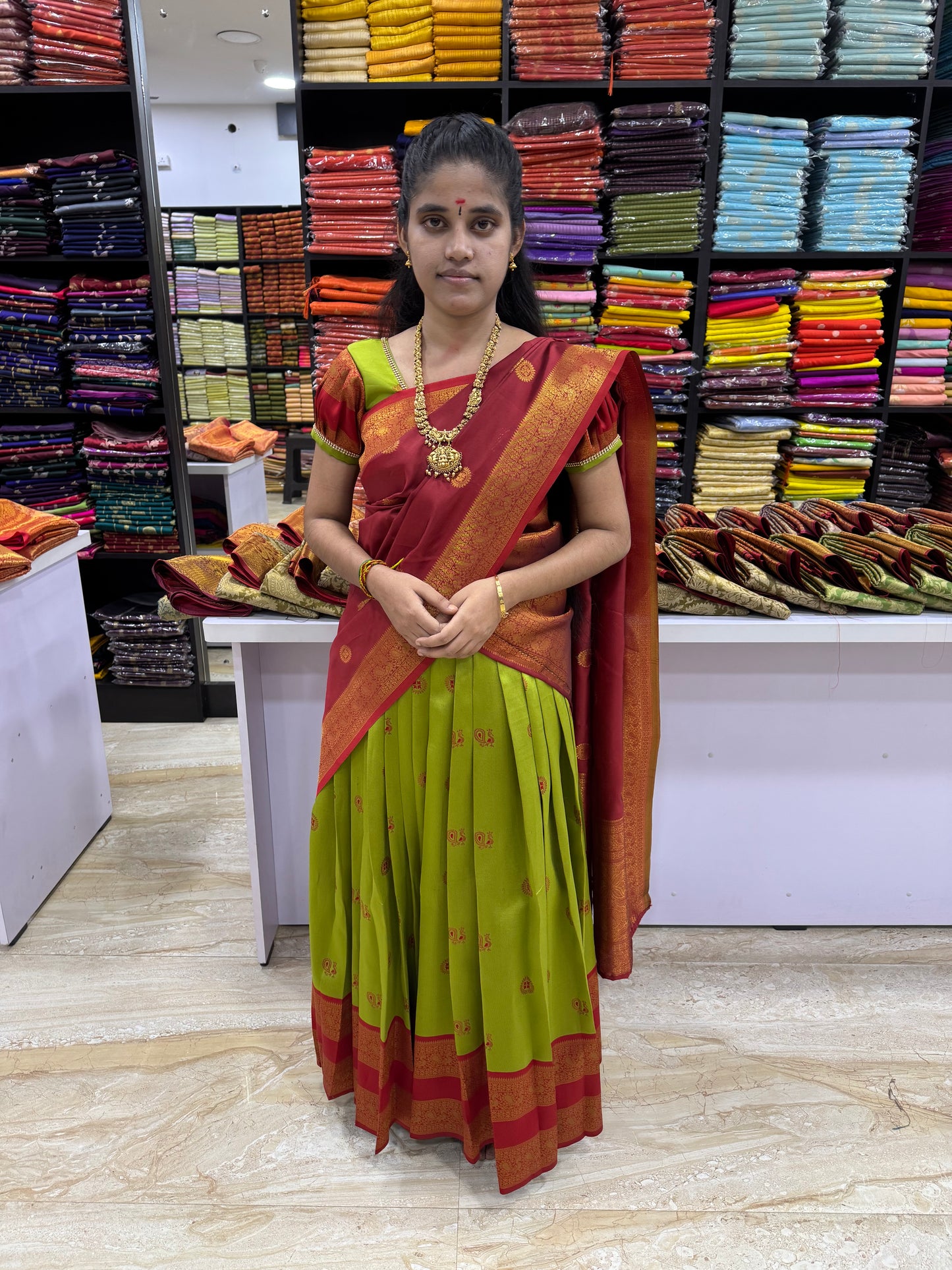 Traditional half saree set parrot green with maroon