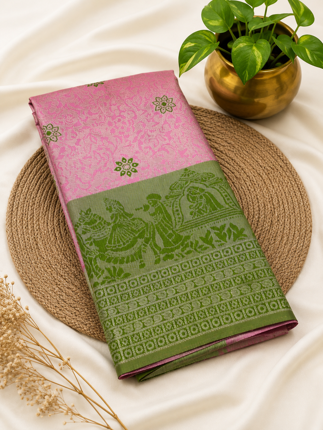 Premium Pallaku Silk Saree – Fuchsia Pink with Olive Green Contrast | Festive Silk Saree | Sri Nandhini Tex | SNTS002