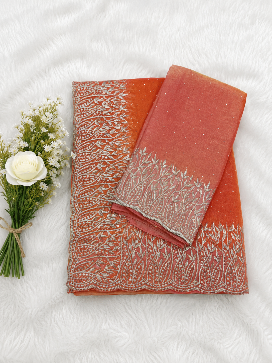 Luxury Party Wear Coral Orange Saree pink blouse| Rich Silver Embroidered Design | Sri Nandhini Tex | Code: SNTPW002