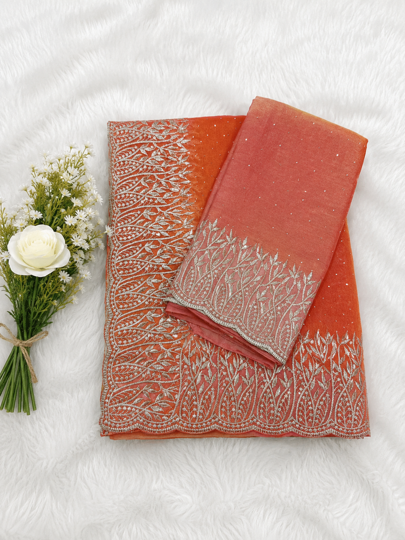 Luxury Party Wear Coral Orange Saree pink blouse| Rich Silver Embroidered Design | Sri Nandhini Tex | Code: SNTPW002