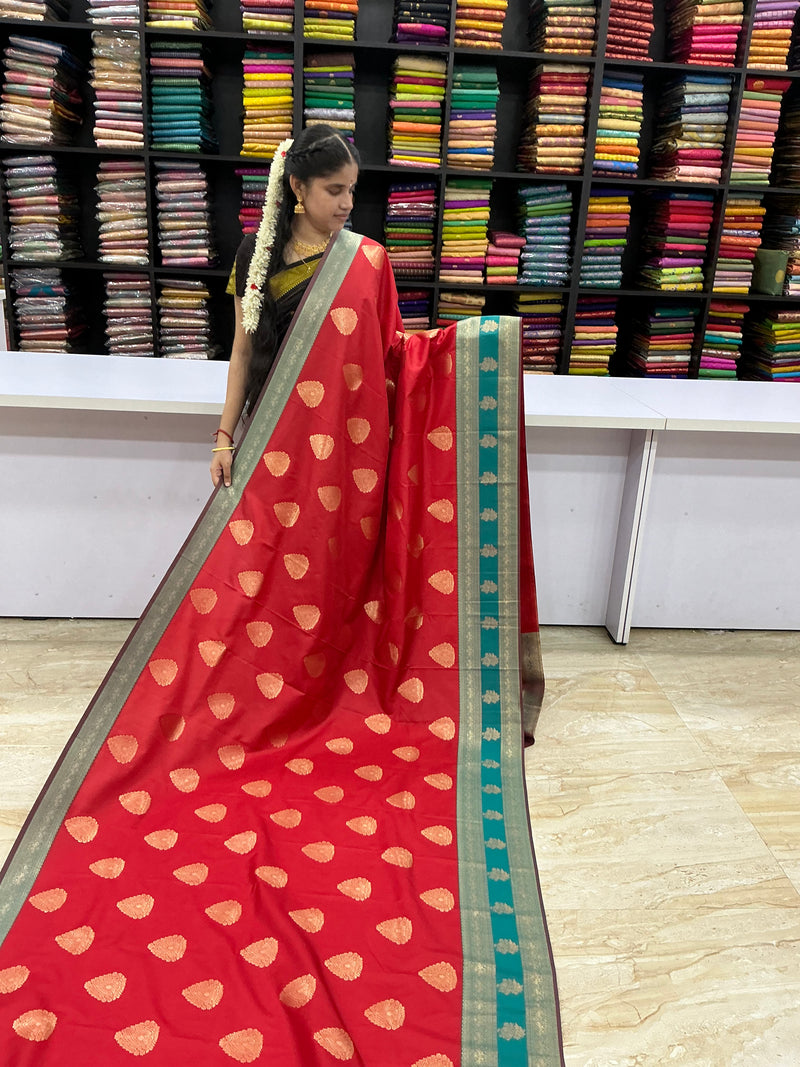 Premium Semi Kanchi Soft Silk Saree – Ruby Red with Aqua Green Border | Sri Nandhini Tex | SNTKS14