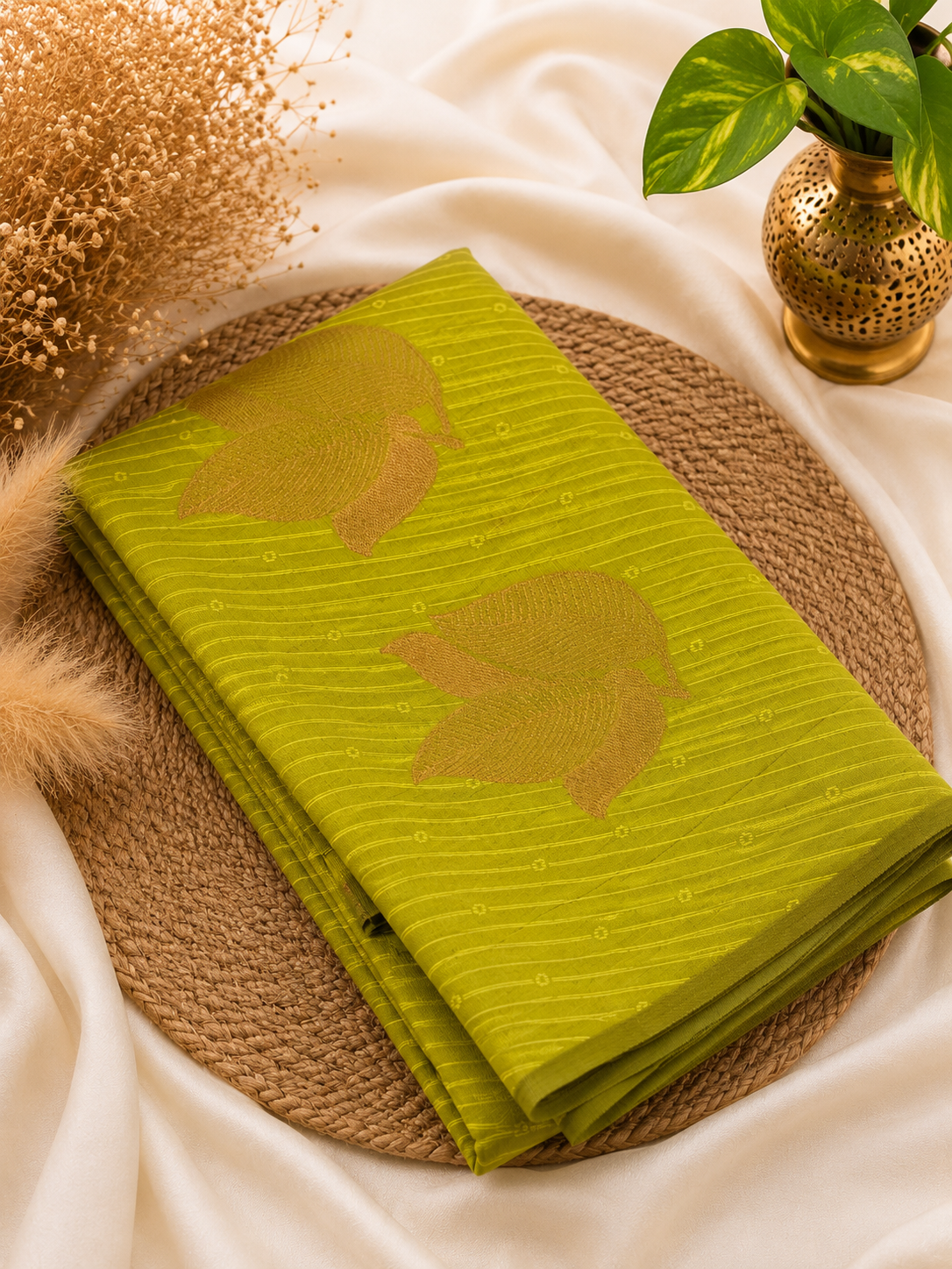 Semi Soft Silk Saree | Elegant Leaf Motif Weave | Lime Green | Sri Nandhini Tex | Code: SNTPAOS86