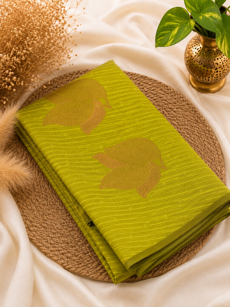 Semi Soft Silk Saree | Elegant Leaf Motif Weave | Lime Green | Sri Nandhini Tex | Code: SNTPAOS86