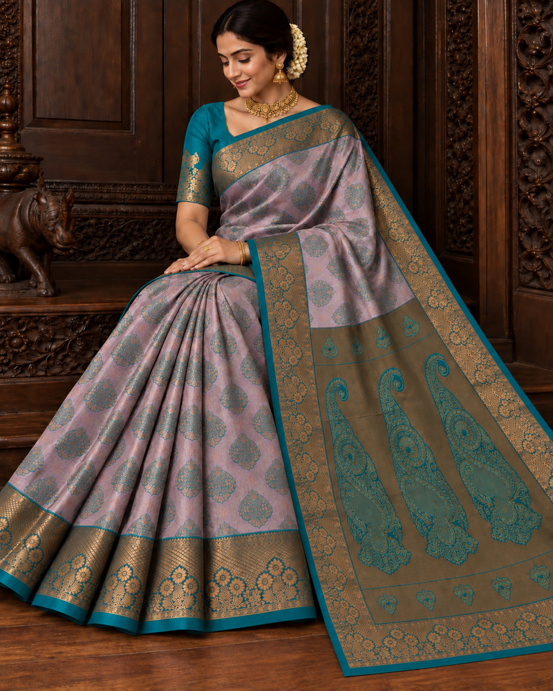 VIVAHA Pattu Saree for Women | Mauve Pink & Teal Green Contrast | Premium Wedding Silk Saree | Rich Zari Border & Grand Pallu | With Blouse Piece | Direct Manufacturing – Sri Nandhini Tex