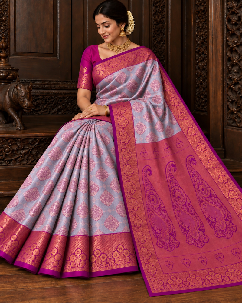 VIVAHA Pattu Saree for Women | Silver Grey & Magenta Contrast | Premium Wedding Silk Saree | Rich Zari Border & Grand Pallu | With Blouse Piece | Direct Manufacturing – Sri Nandhini Tex