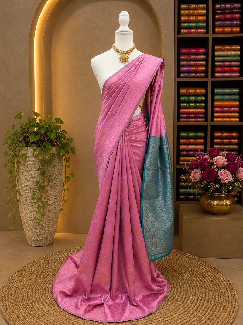 Latest Semi Kanchi Soft Silk Saree – Candy Pink with Peacock Blue Rich Pallu | Sri Nandhini Tex | SNTKS22