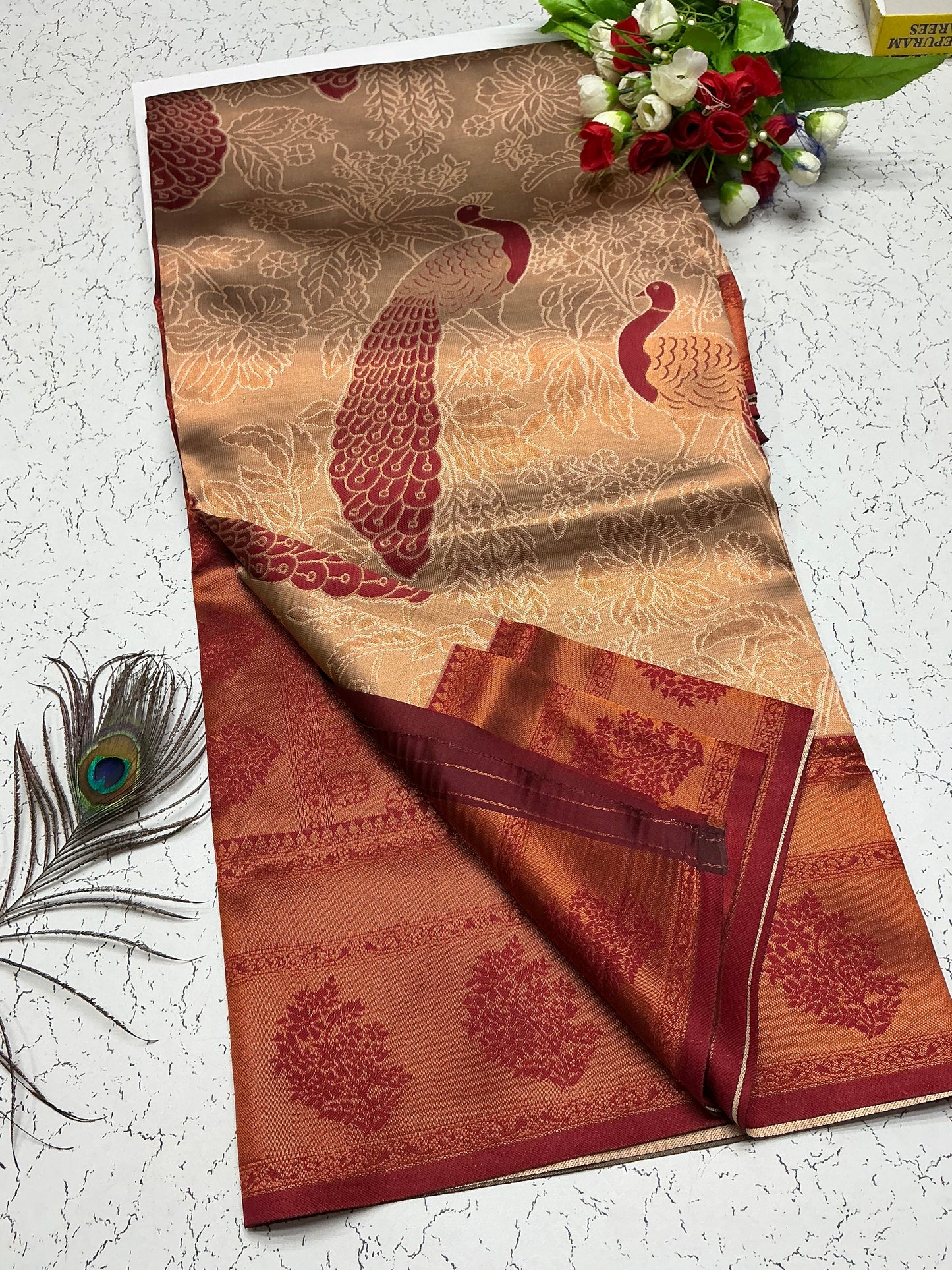 Bridal Saree – Bronze Copper with Deep Maroon Temple Border
