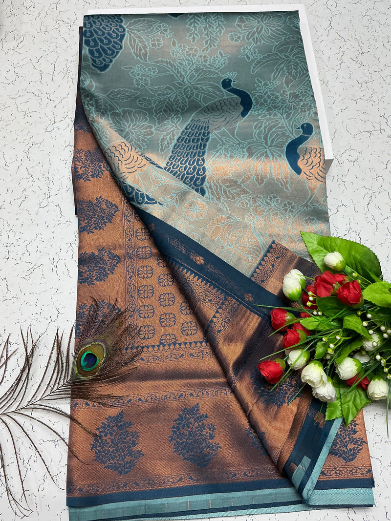 Bridal Saree – Grey Copper with Blue Tone Temple Border