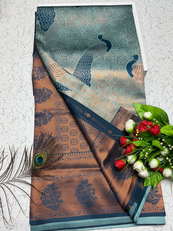 Bridal Saree – Grey Copper with Blue Tone Temple Border