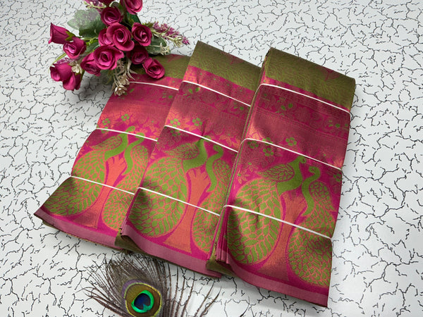 Bridal Saree – Hot Pink with Olive Green Pallu
