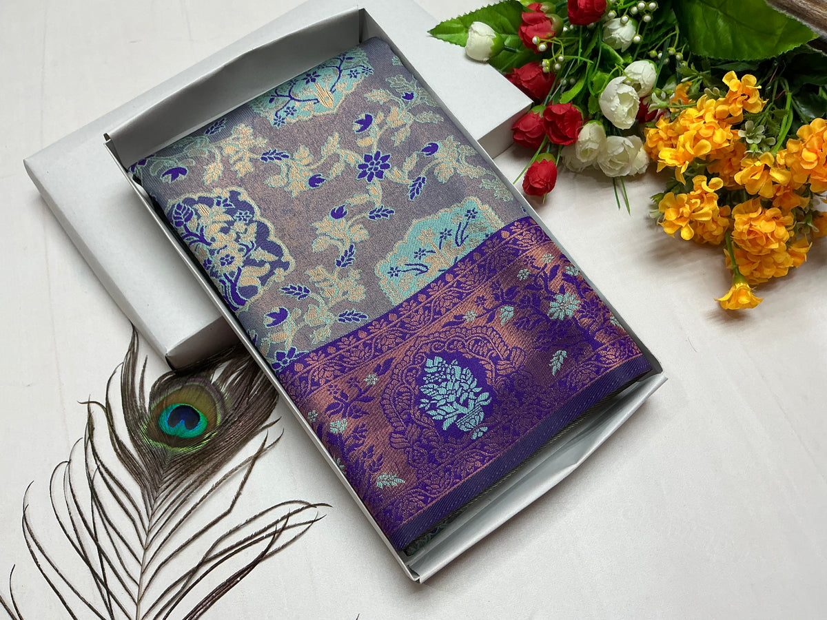 Bridal Saree – Icy Blue with Dark Border and Golden Thread Work