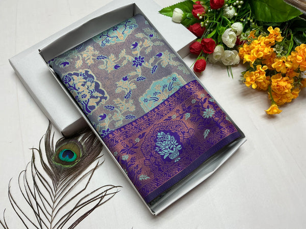 Bridal Saree – Icy Blue with Dark Border and Golden Thread Work