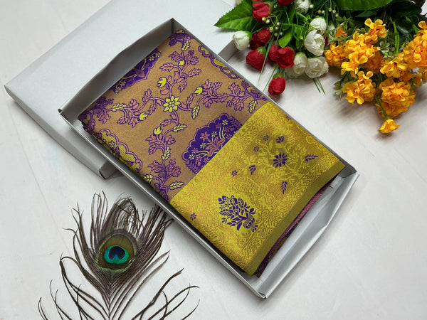 Bridal Saree – Lemon Yellow with Violet Butta Design