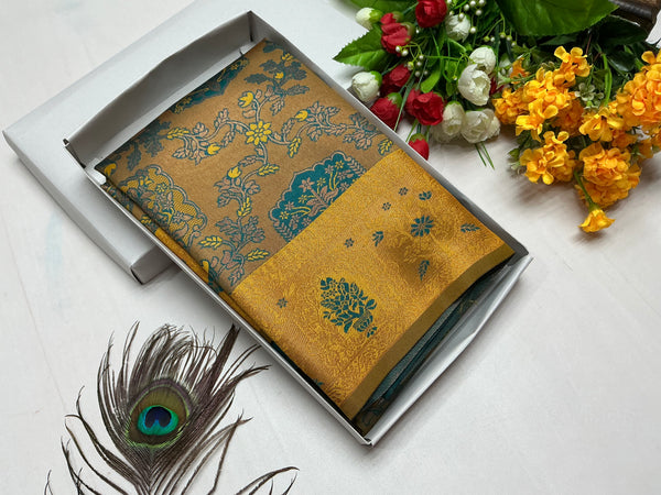 Bridal Saree – Mustard Yellow with Royal Blue Leaf Border