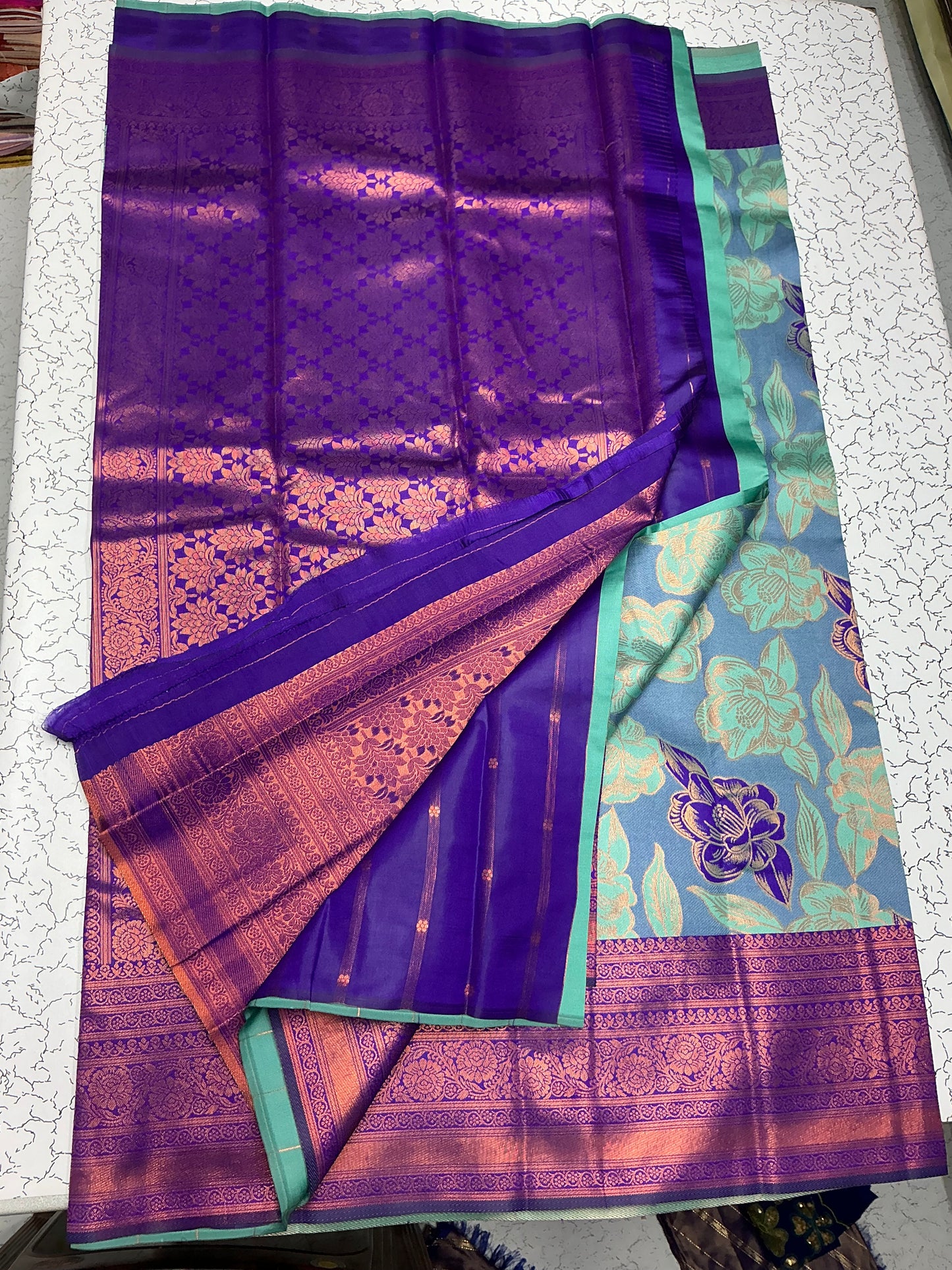 Bridal Saree – Royal Violet with Teal Blue Border Work