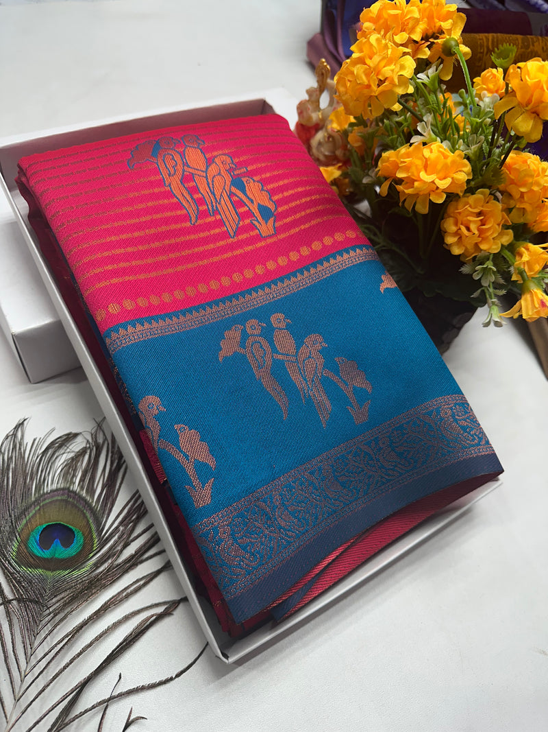 Bridal Silk Saree Bright Pink with Teal Parrot Motif Zari Border