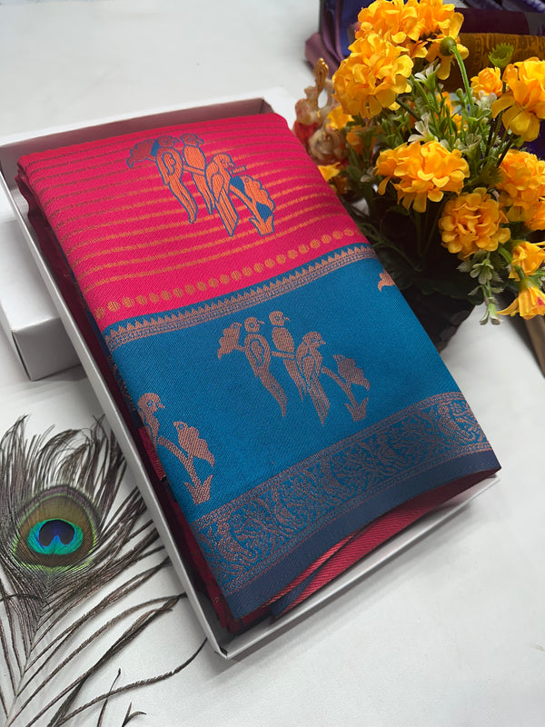 Bridal Silk Saree Bright Pink with Teal Parrot Motif Zari Border