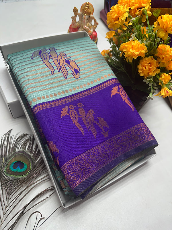 Bridal Silk Saree – Aqua Blue with Violet Parrot Motif Zari Border