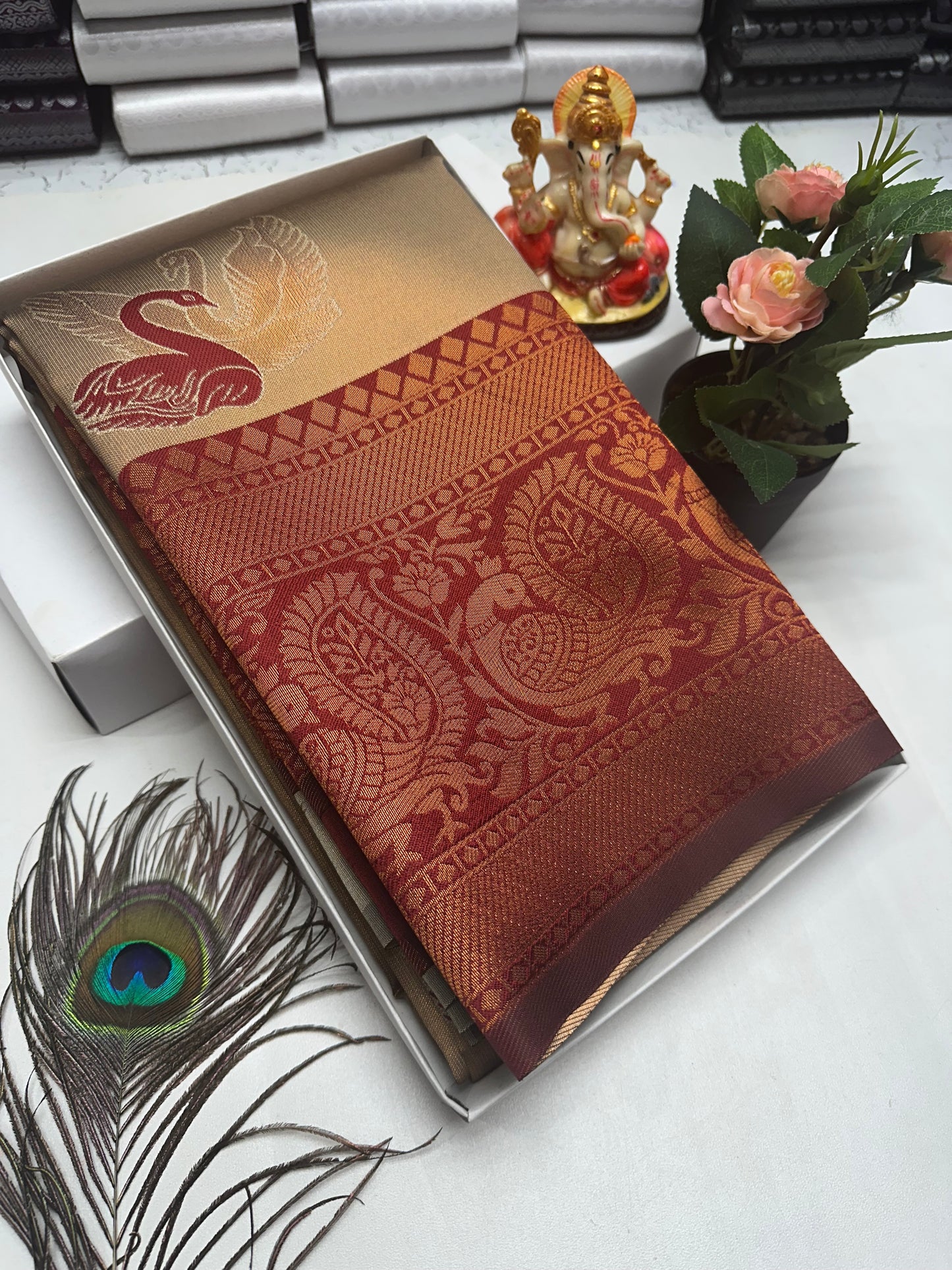 Bridal Silk Saree – Beige Brick Red with Rich Paisley Weave
