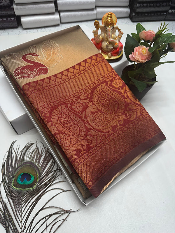 Bridal Silk Saree – Beige Brick Red with Rich Paisley Weave