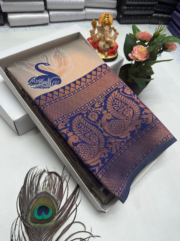Bridal Silk Saree – Beige Ombre with Navy Blue Swan and Paisley Border