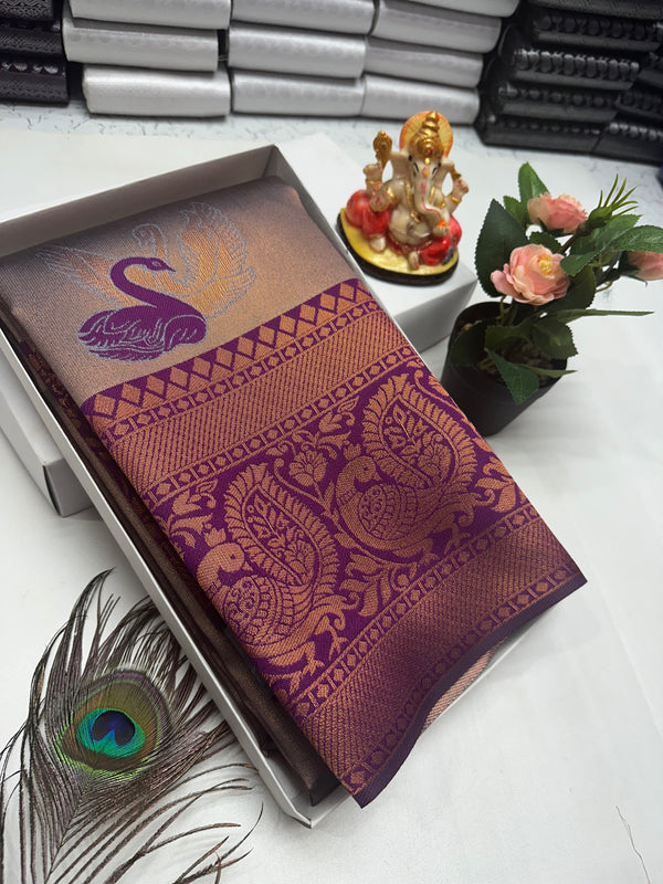 Bridal Silk Saree – Beige Ombre with Violet Paisley Weave