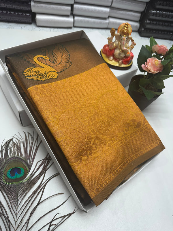 Bridal Silk Saree – Coppery Brown with Golden Self Zari Design