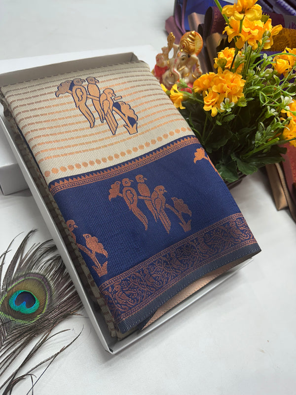 Bridal Silk Saree – Cream Navy Blue with Copper Parrots