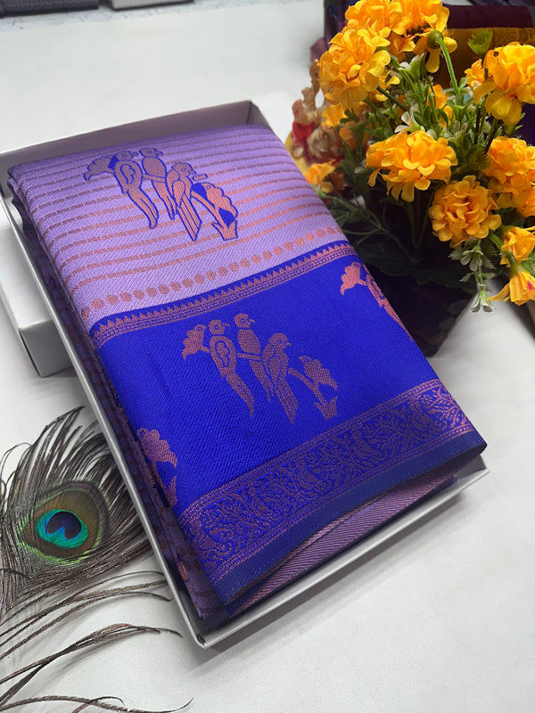 Bridal Silk Saree – Lavender and Royal Blue with Parrot Motif Zari Border