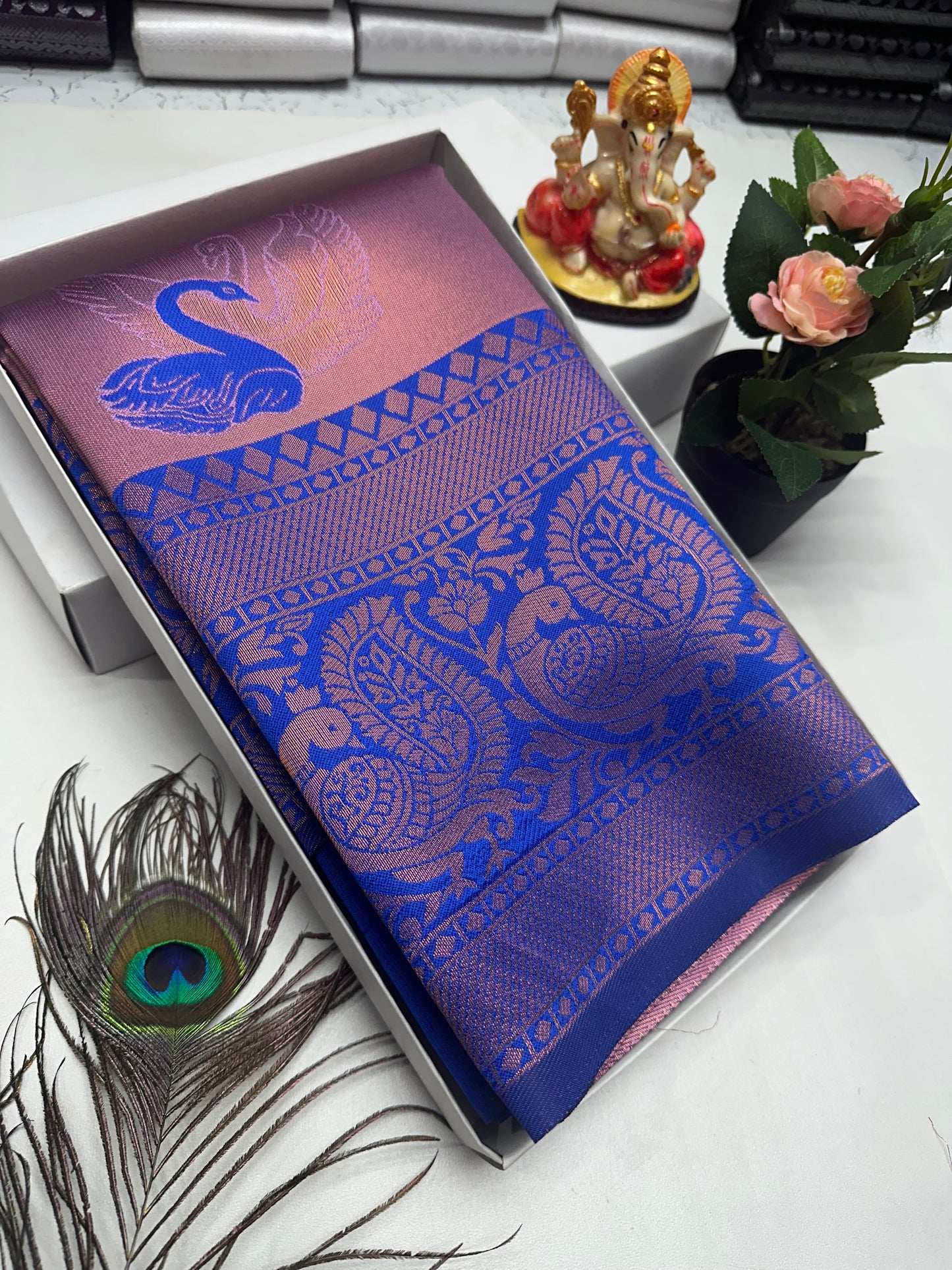 Bridal Silk Saree – Lilac Ombre with Royal Blue Paisley Border