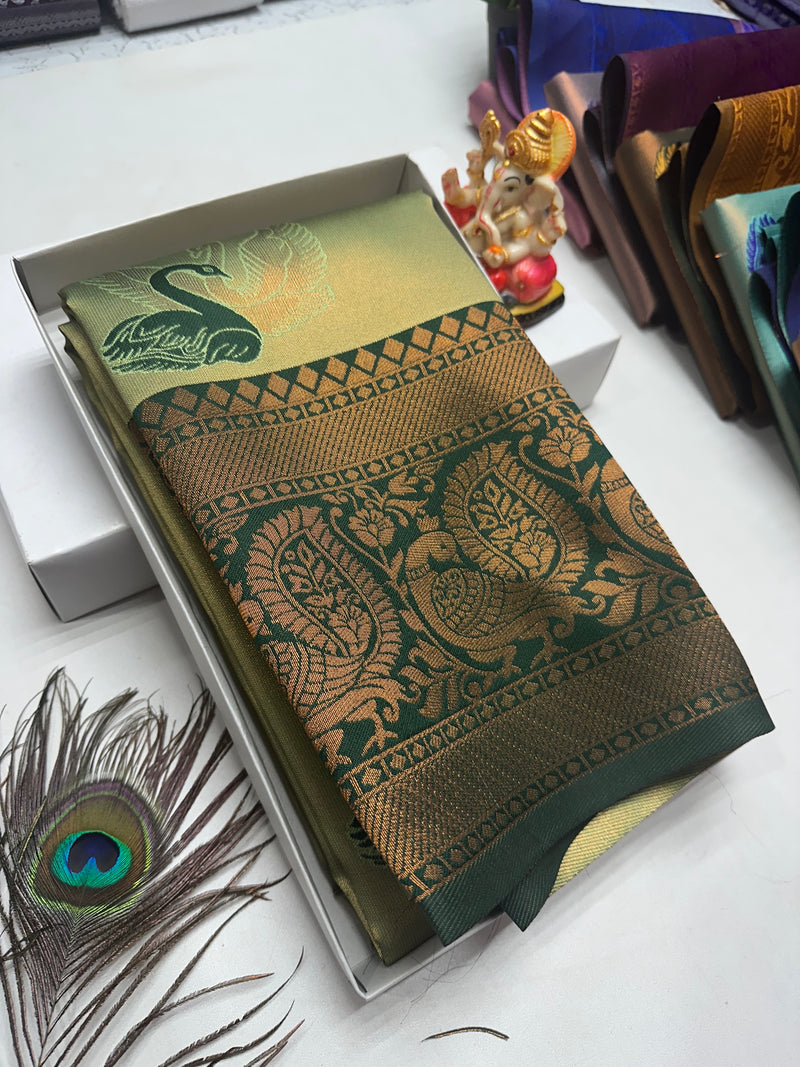 Bridal Silk Saree – Mehendi Green with Bottle Green Zari and Swan Motif
