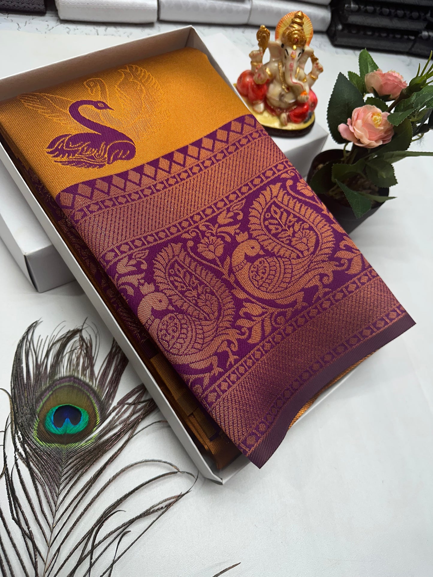 Bridal Silk Saree – Mustard Orange with Violet Swan and Paisley Border