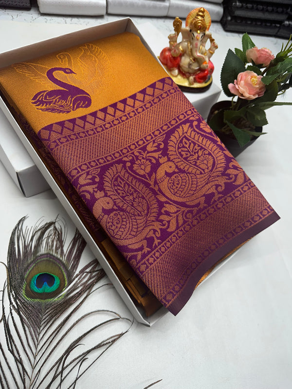 Bridal Silk Saree – Mustard Orange with Violet Swan and Paisley Border