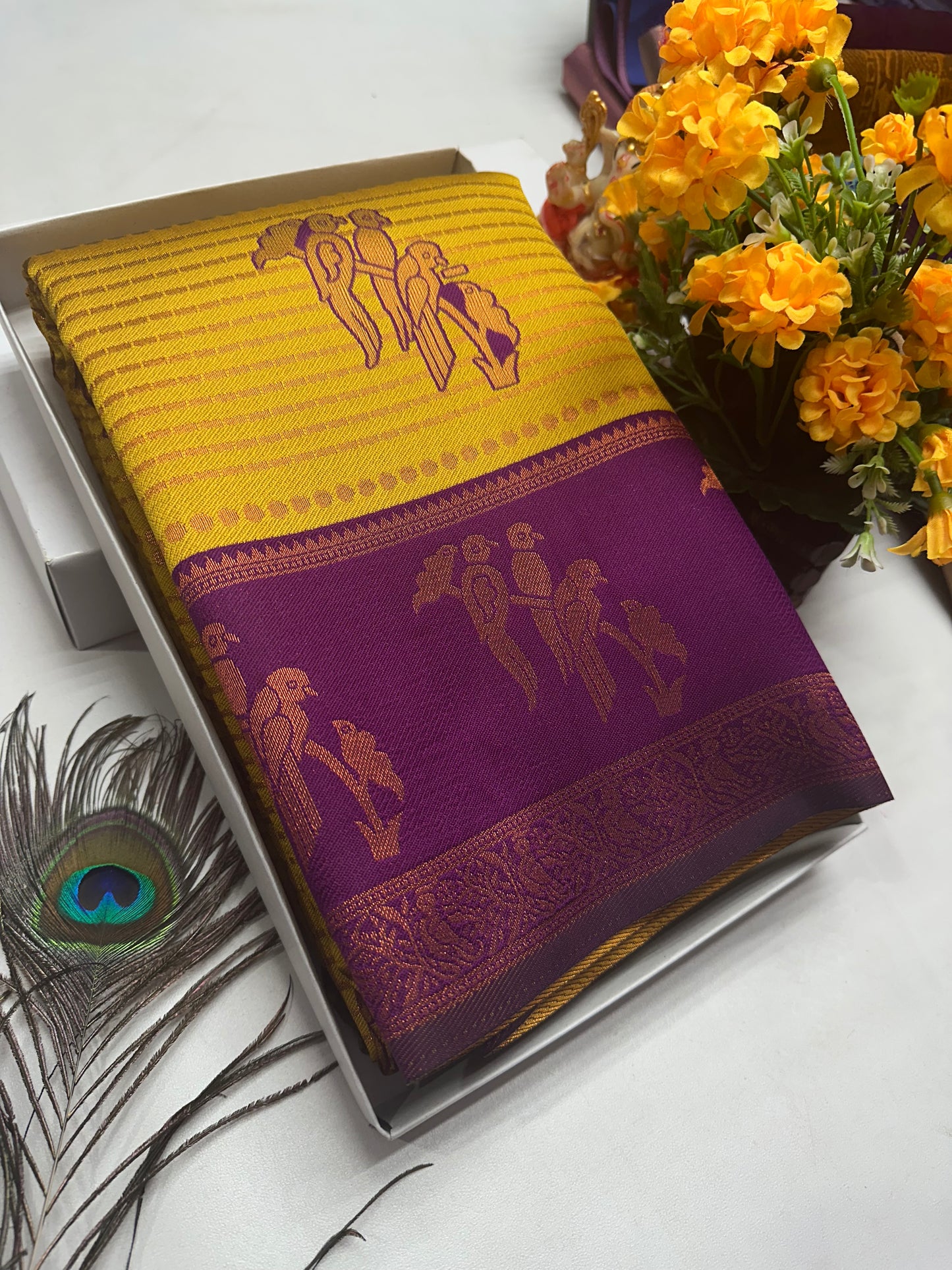 Bridal Silk Saree – Mustard Violet with Gold Bird Border