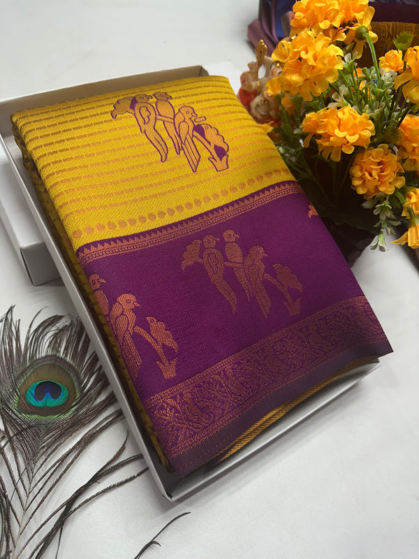 Bridal Silk Saree – Mustard Violet with Gold Bird Border