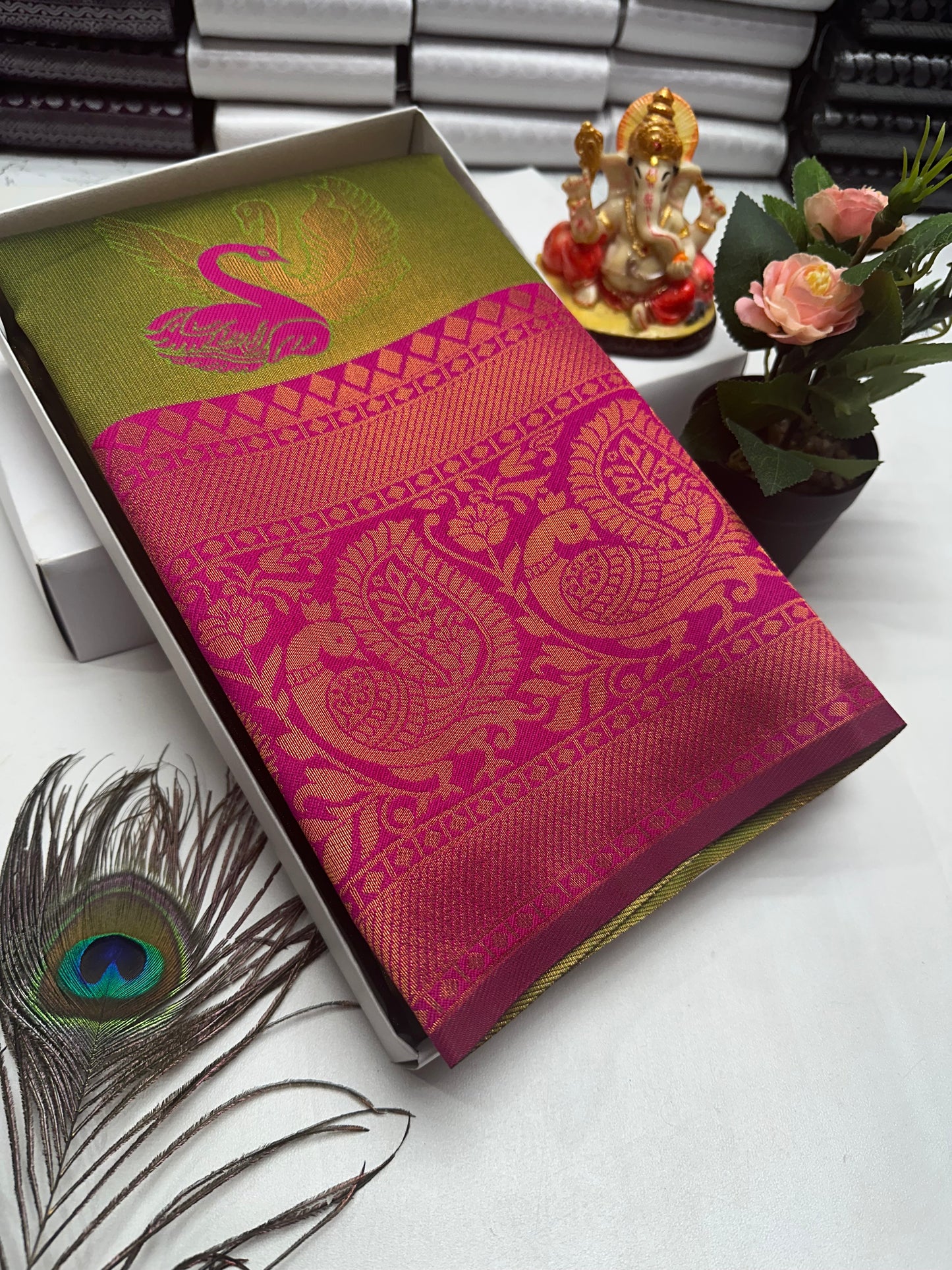 Bridal Silk Saree – Olive Green with Rani Pink Swan and Floral Zari