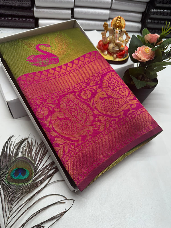 Bridal Silk Saree – Olive Green with Rani Pink Swan and Floral Zari