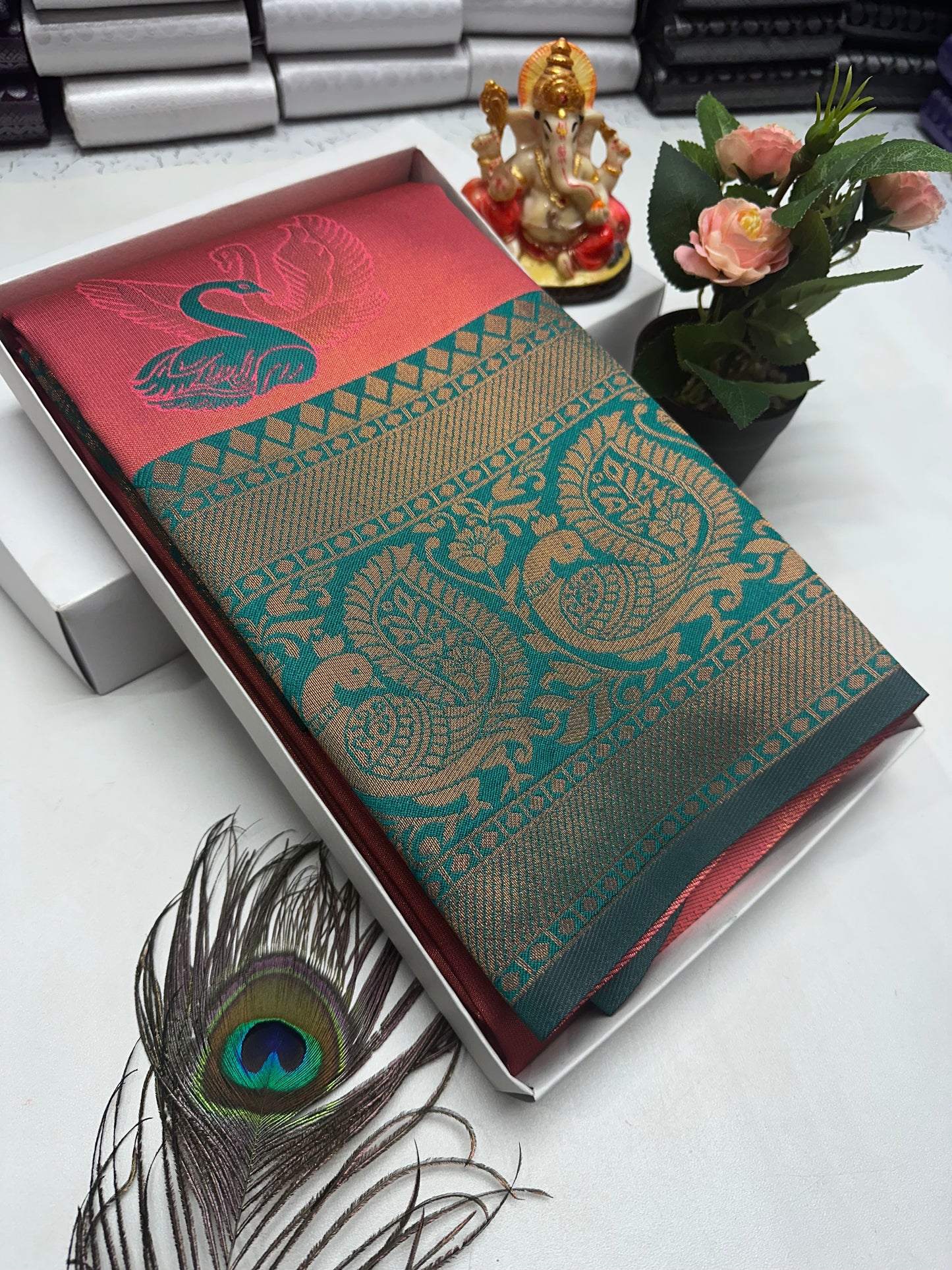 Bridal Silk Saree – Orange Red with Bottle Green Swan and Floral Zari