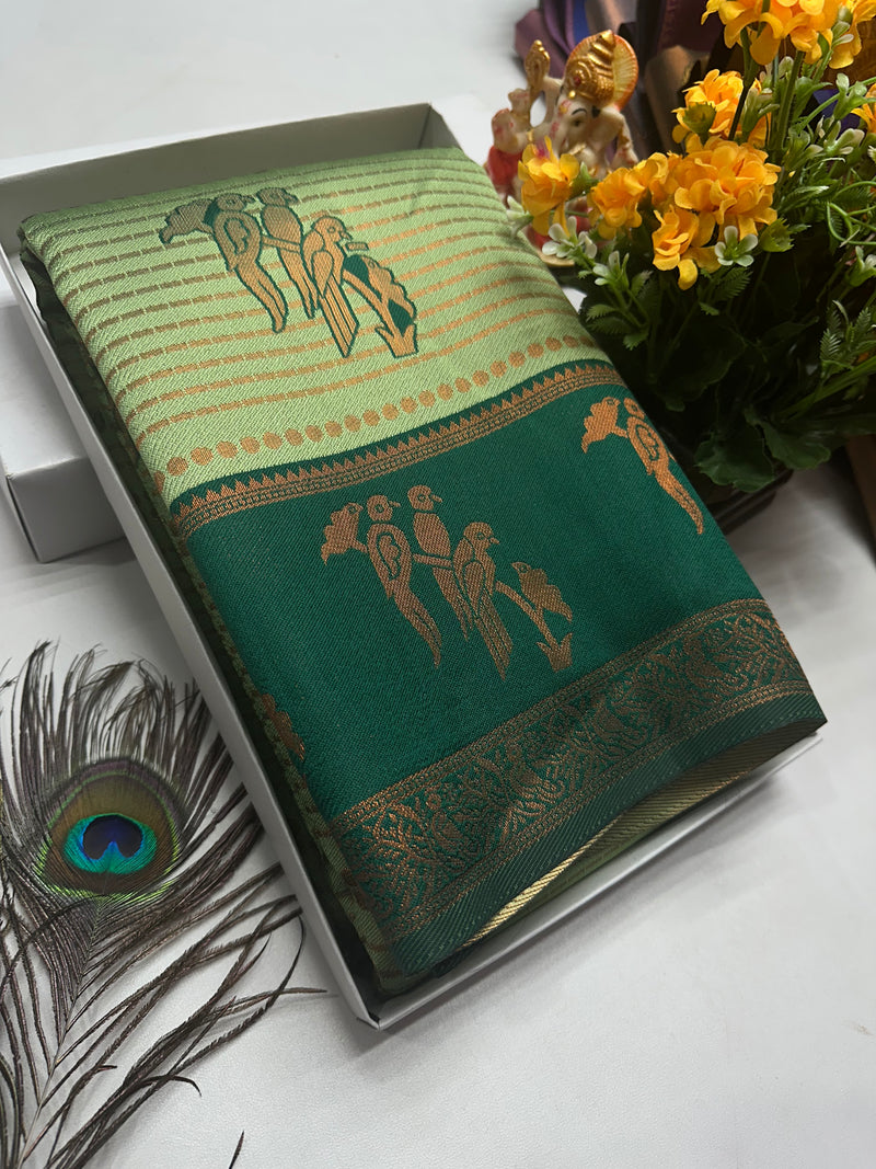 Bridal Silk Saree – Parrot Green with Traditional Bird Motif